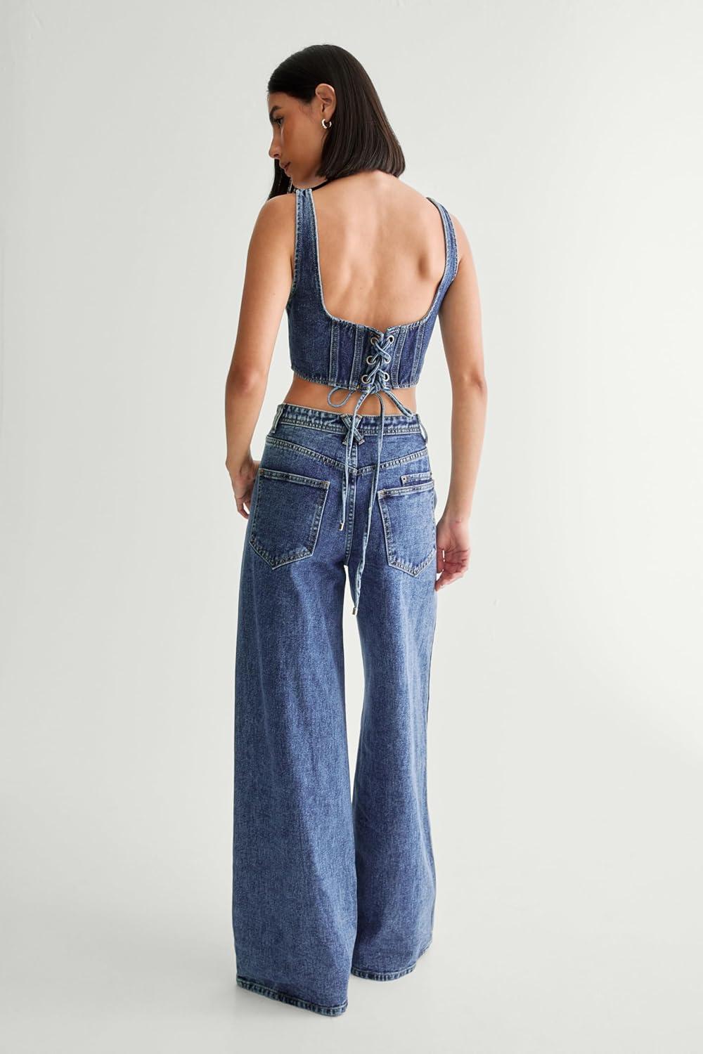 image:imageNasty Gal Womens Lace Front Detail JeanAuthentic Midwash