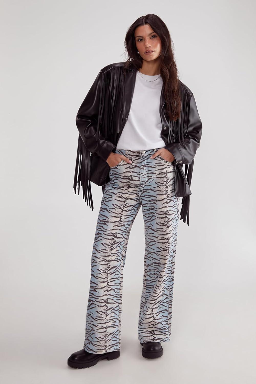 image:imageNasty Gal Womens Tiger Print Denim Wide Leg JeanMulti