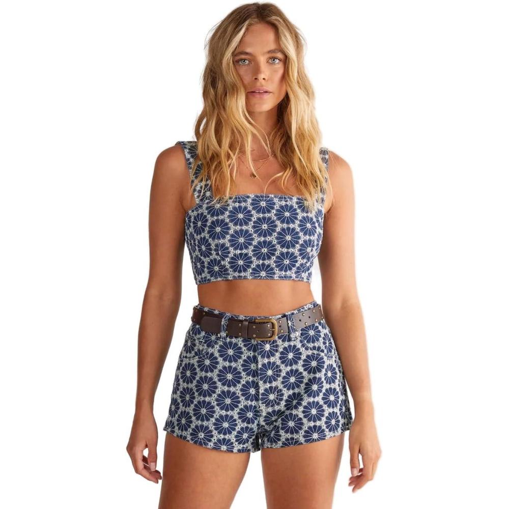 image:imageNasty Gal Womens Denim Floral Embroidered Strappy Crop TopDark Wash