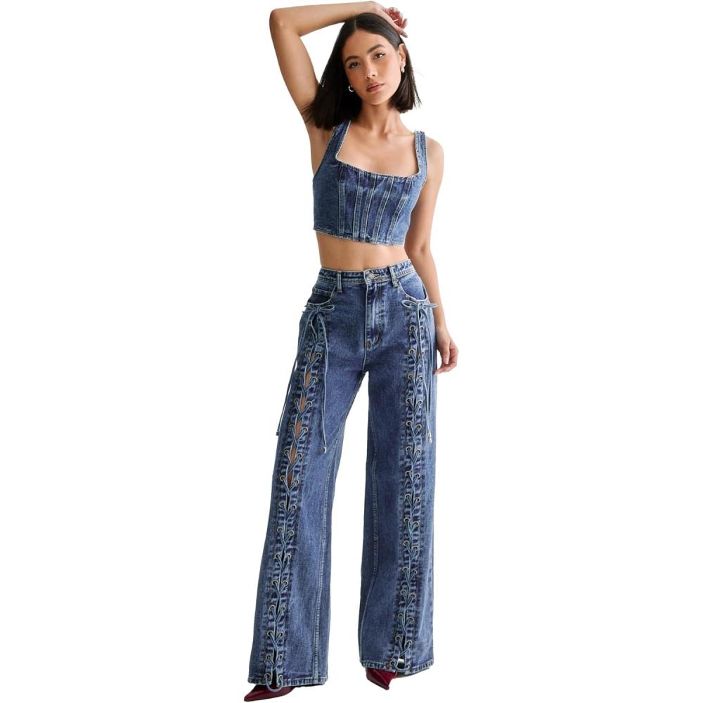 image:imageNasty Gal Womens Lace Front Detail JeanAuthentic Midwash