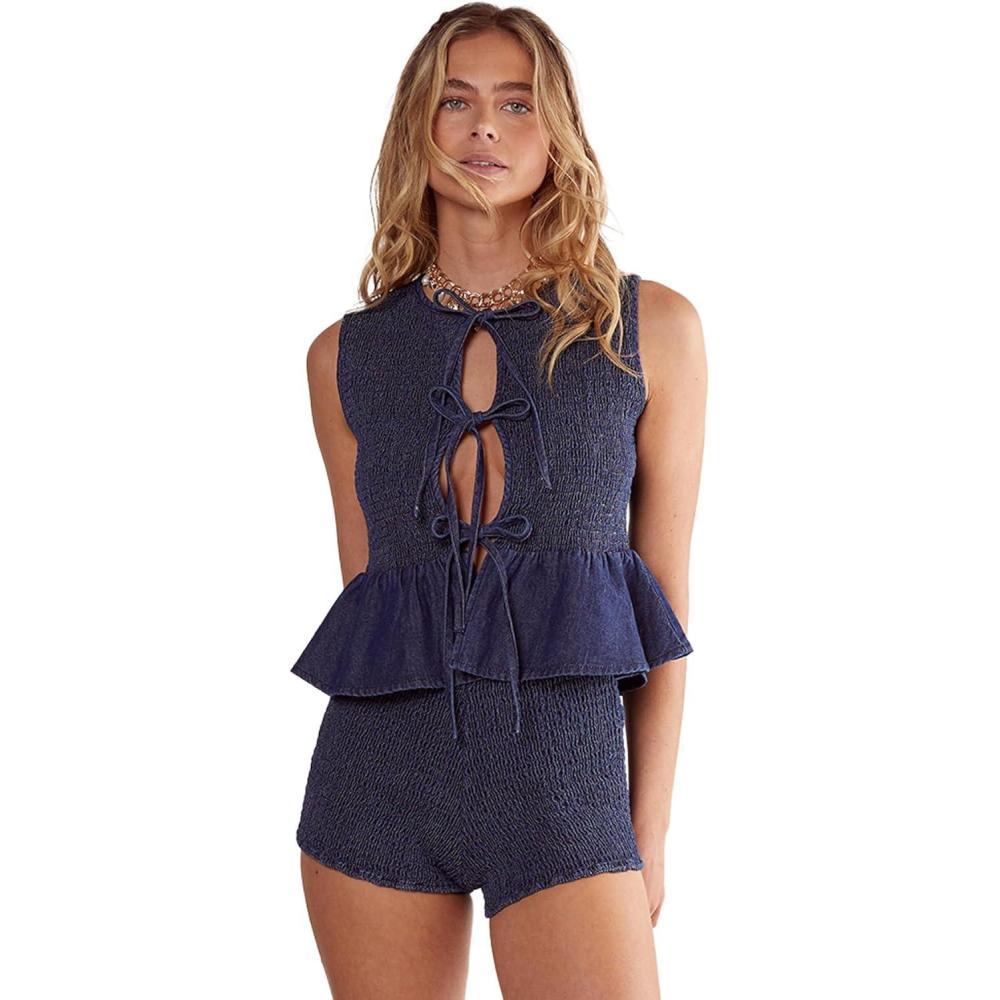 image:imageNasty Gal Womens Shirred Chambray Tie Front TopIndigo