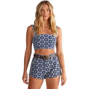 Nasty Gal Womens Denim Floral Embroidered Strappy Crop Top(Dark Wash)