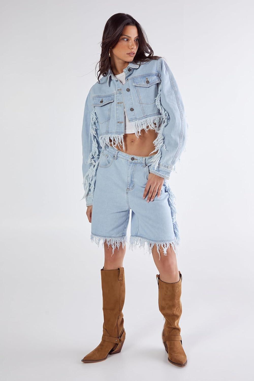 image:imageNasty Gal Frayed Edge Denim JacketLight Wash
