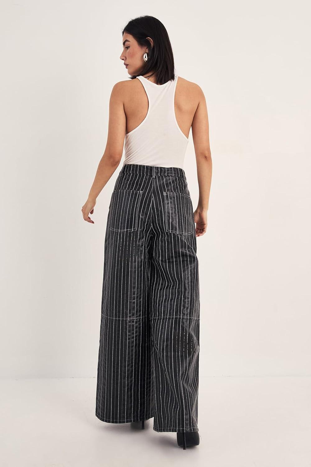 image:imageNasty Gal Pinstripe Embroidered Faux Leather Slouch Pant
