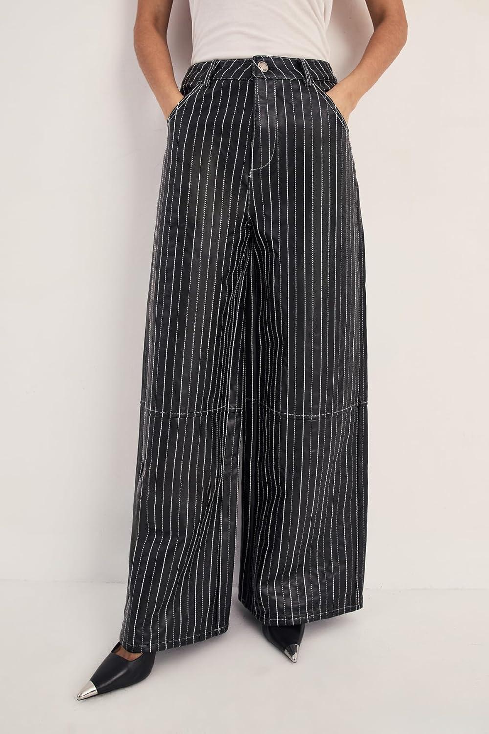 image:imageNasty Gal Pinstripe Embroidered Faux Leather Slouch Pant